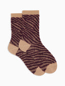 Women's short burgundy cotton and wool socks with glitter zebra motif