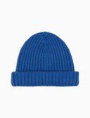 Unisex wool, silk and cashmere beanie in solid blue rib knit