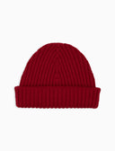 Unisex red wool, silk and cashmere beanie with solid-color ribbing