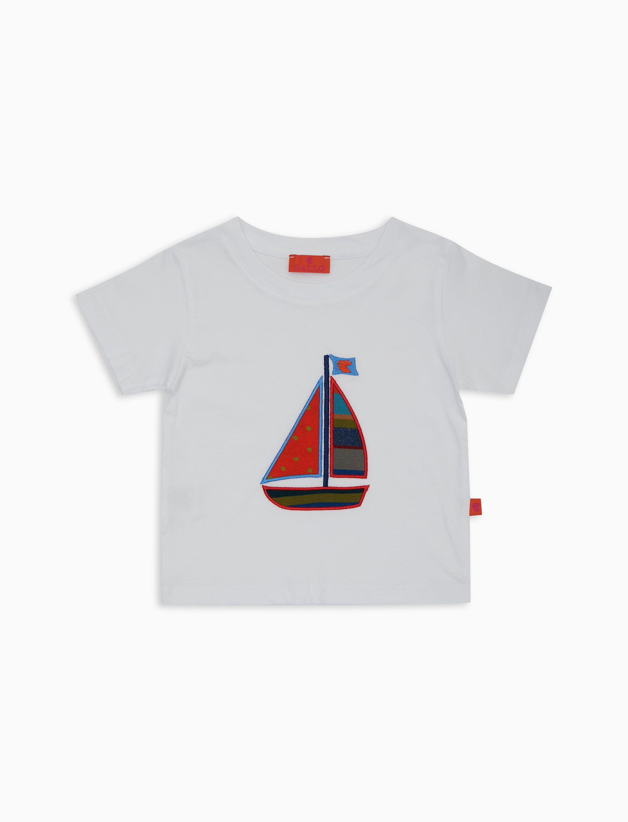 T-shirt bambino cotone tinta unita ricamo barca a vela bianco | Gallo