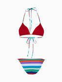Women's white triangle bikini with multicoloured stripes