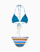 Women's light blue triangle bikini with multicoloured stripes
