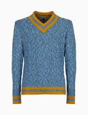 Pull scollo a v unisex cotone tinta unita con righe ai bordi in contrasto blu - Gallo 1927 - Official Online Shop