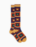 Lange Herrensocken aus warmer Baumwolle, gelb, mit konzentrischen Karos