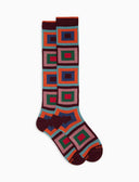 Lange Damensocken aus warmer Baumwolle, bordeauxrot, mit konzentrischen Karos