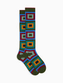 Women's long green warm cotton socks with concentric square motif