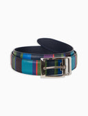 Cintura accorciabile e reversibile unisex pelle martellata blu righe multicolor
