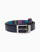 Cintura accorciabile e reversibile unisex pelle martellata blu righe multicolor