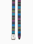 Cintura accorciabile e reversibile unisex pelle martellata blu righe multicolor
