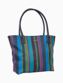 Borsa shopping grande donna in pelle martellata blu righe multicolor