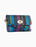 Mini bolso bandolera para mujer en piel grabada azul con rayas multicolor