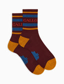 Unisex short burgundy cotton terry socks with stripes and Gallo writing