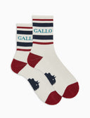 Unisex short white cotton terry socks with stripes and Gallo writing