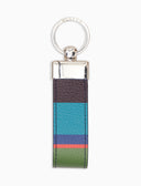 Llavero de doble tira unisex de piel martillada azul con rayas multicolor