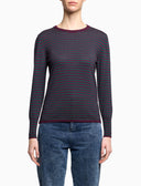 Women's crew-neck sweater in purple wool with two-tone stripes
