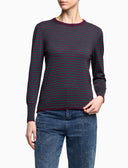 Women's crew-neck sweater in purple wool with two-tone stripes