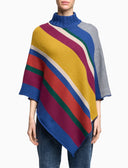 Women's wool, viscose and cashmere poncho in blue with multicolor stripes