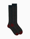 Men's long blue wool socks with windowpane pattern