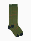 Lange Herrensocken aus Wolle, grün, mit Window-Pane-Muster