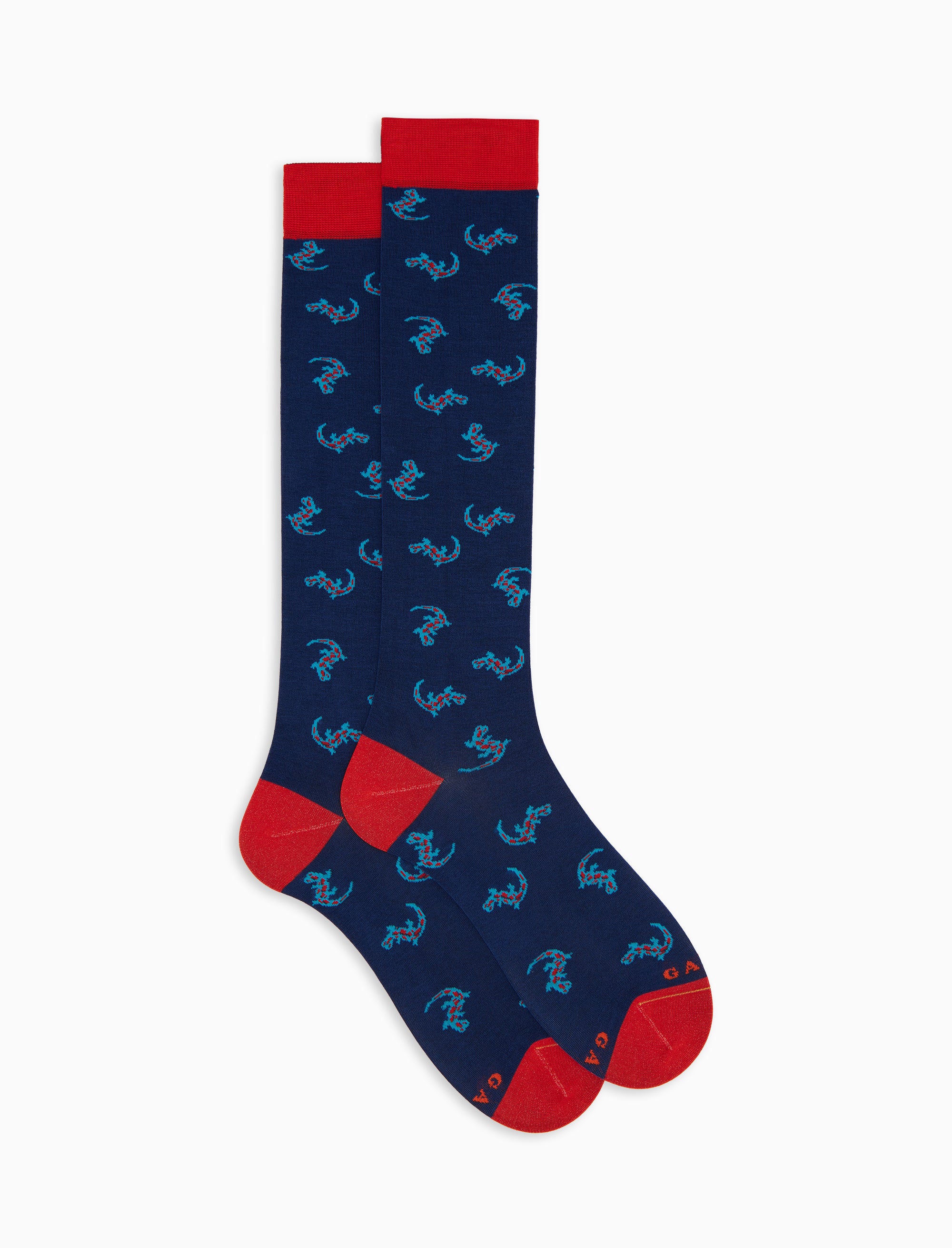 Men's long socks with gekko pattern in blue cotton | Gallo
