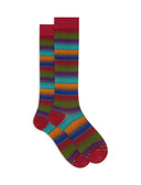 Women’s long socks with striped pattern in varying sizes, red cotton.