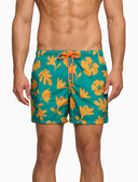 Badehose für Herren mit Blumenmuster auf pfauenblauem Grund