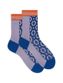 Women's short socks in cotton with geometric pattern in blue and sparkling effect