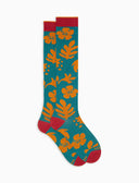 Calze lunghe donna cotone fantasia fiori su fondo color pavone - Gallo 1927 - Official Online Shop