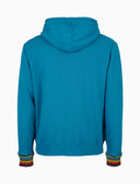 Felpa con cappuccio unisex cotone tinto capo tinta unita color pavone con inserti multicolor - Gallo 1927 - Official Online Shop