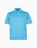 Men's short sleeve polo, cotton, solid color, dyed, light blue.