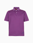 Men's short sleeve polo, solid dyed, in purple cotton.