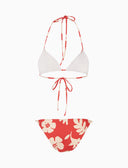 Damen Triangel-Bikini mit Blumenmuster auf rotem Grund