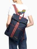 Unisex-Rucksack, einfarbig blau, mit Fischgrätband und Lederdetails