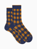 Kurze Herrensocken aus warmer Baumwolle, blau mit Vichy-Karomuster