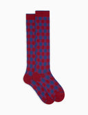 Women's long burgundy warm cotton socks with Vichy motif