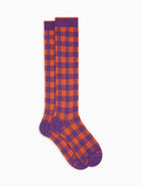 Lange Damensocken aus warmer Baumwolle, violett mit Vichy-Karomuster