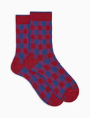 Lange Damensocken aus warmer Baumwolle, bordeauxrot mit Vichy-Karomuster