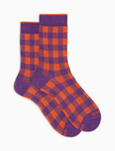 Lange Damensocken aus warmer Baumwolle, violett mit Vichy-Karomuster