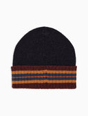 Berretto unisex lana blu tinta unita con risvolto a righe