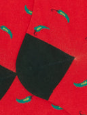Lange Herrensocken aus leichter Baumwolle, rot, mit Glücksbringer-Chili-Muster