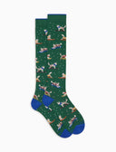 Lange Herrensocken aus warmer Baumwolle, grün, mit Husky-Motiv im Schnee
