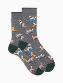 Kurze Herrensocken aus warmer Baumwolle, grau, mit Husky-Motiv im Schnee