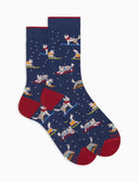 Kurze Herrensocken aus warmer Baumwolle, blau, mit Husky-Motiv im Schnee