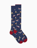 Lange Damensocken aus warmer Baumwolle, blau, mit Husky-Motiv im Schnee