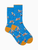 Kurze Damensocken aus warmer Baumwolle, hellblau, mit Husky-Motiv im Schnee