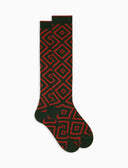 Lange Herrensocken aus warmer Baumwolle, grün, mit zweifarbigem geometrischem Muster