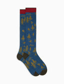 Lange Damensocken aus warmer Baumwolle in Blau mit Skifahrermotiv