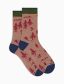 Kurze Damensocken aus warmer Baumwolle in Beige mit Skifahrermotiv
