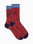 Kurze Damensocken aus warmer Baumwolle in Rot mit Skifahrermotiv