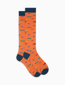 Lange Herrensocken aus leichter Baumwolle, orange, mit Auto-Motiv
